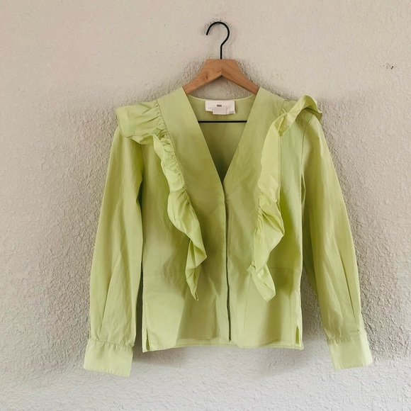Genny Tops - Genny Long Sleeve Celery Green Ruffle Cotton Top